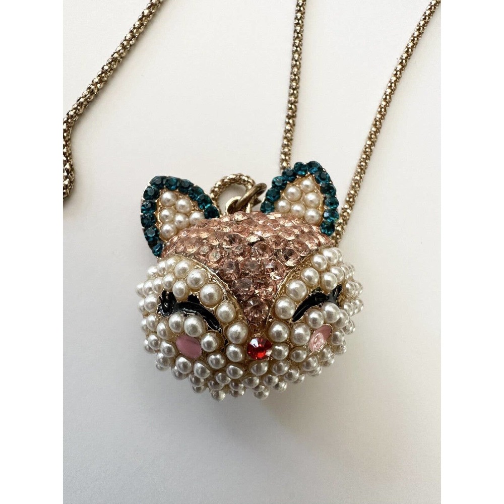 Betsey Johnson Crystal Pearl Fox Puffy Pendant Long Chain Necklace Pink Blue